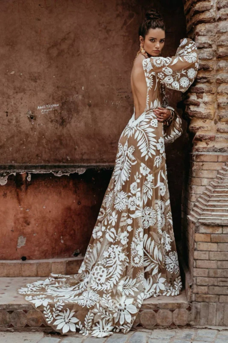 Fengshen Embroidered Mesh Puff Sleeve Backless Dress